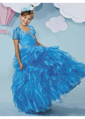 Beaded Sweetheart Neck Pleated Organza Ruffled Flower Girl Dress With Bolero